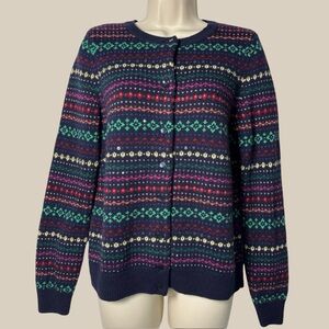 Talbots Fair Isle Navy stripe Lambswool Sequin Cardigan Sweater Cottagecore SZ L